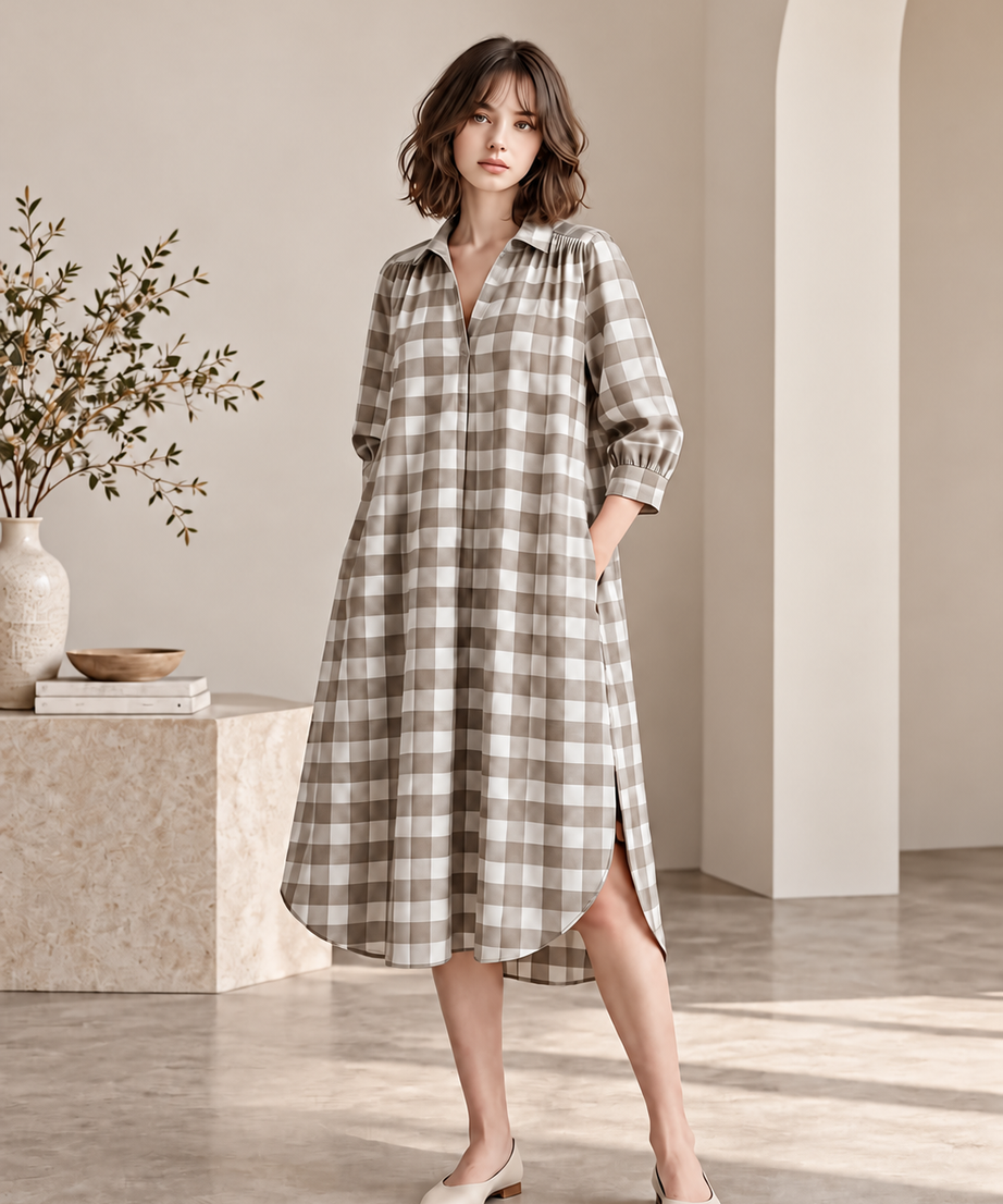 CHECKED RELAXED SHIRT MIDI DRESS