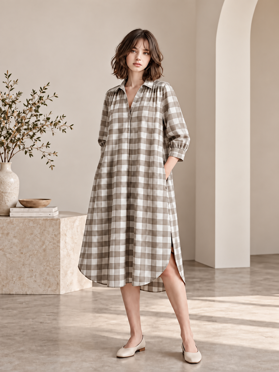 CHECKED RELAXED SHIRT MIDI DRESS