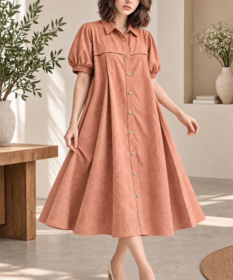 BUTTON-DOWN A-LINE MIDI SHIRT DRESS