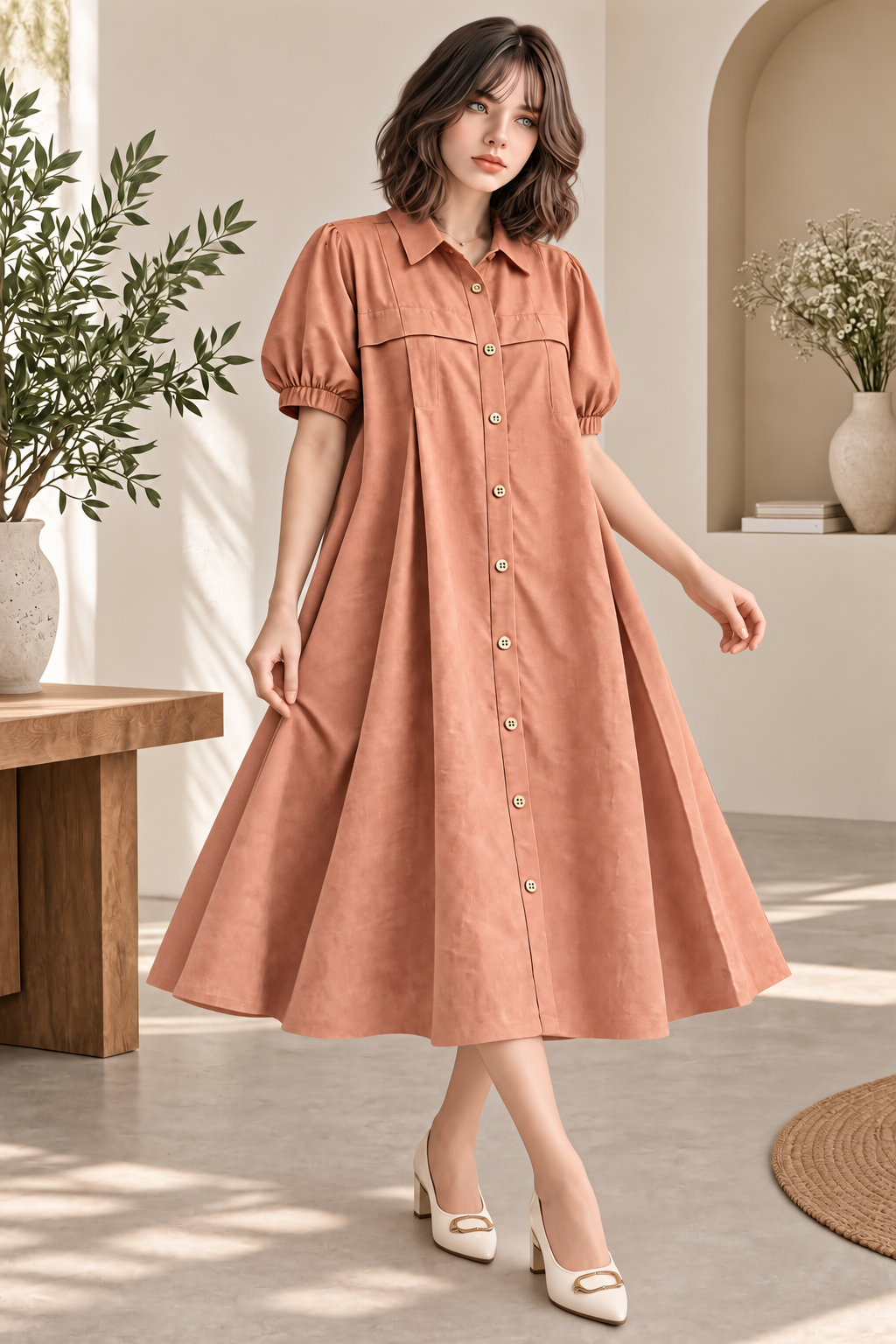BUTTON-DOWN A-LINE MIDI SHIRT DRESS