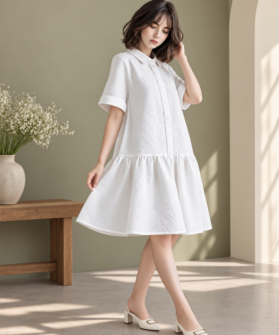 WHITE TIERED SHIRT MIDI DRESS