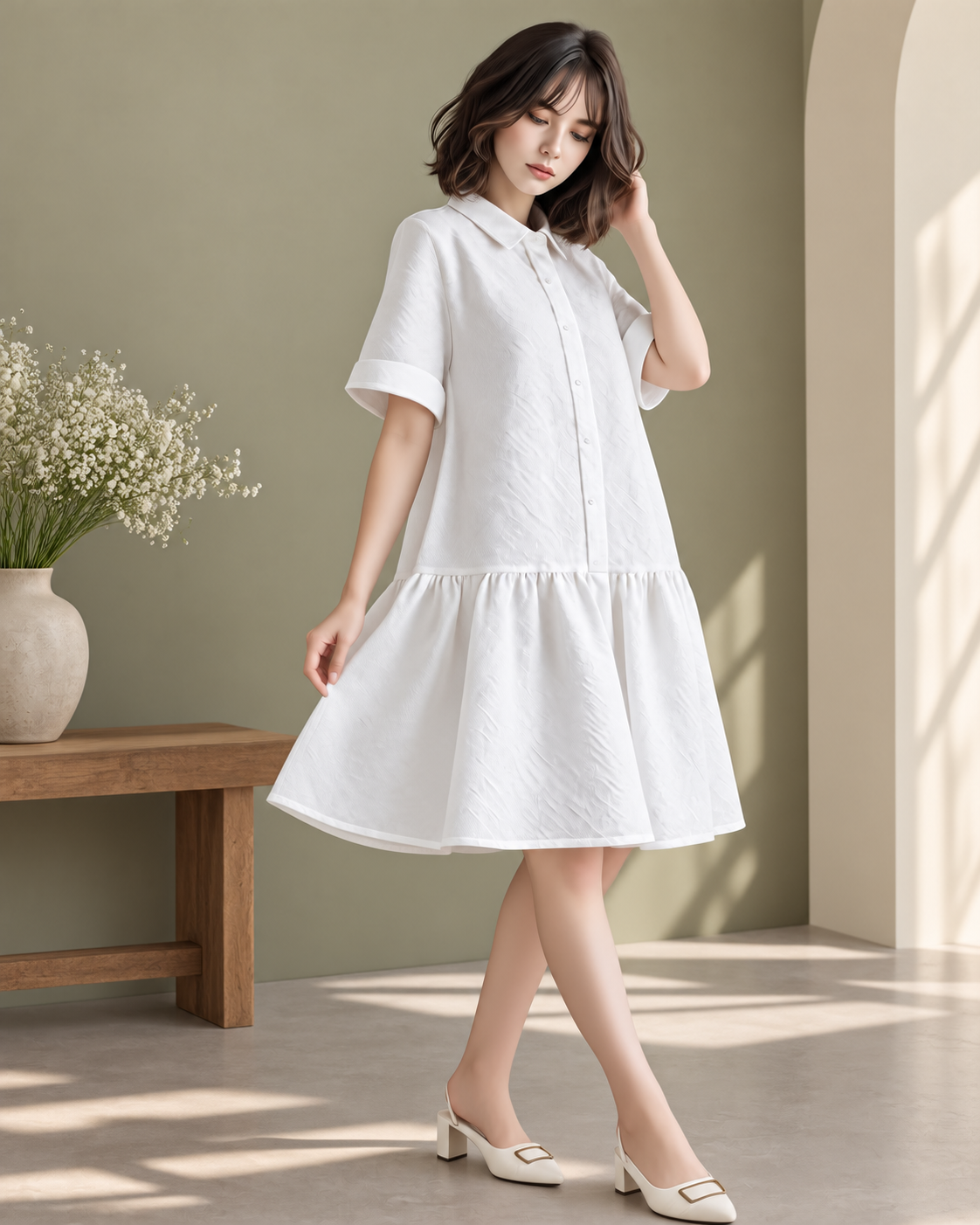 WHITE TIERED SHIRT MIDI DRESS