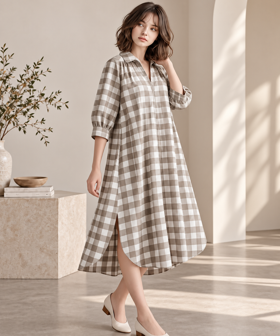 CHECKED RELAXED SHIRT MIDI DRESS