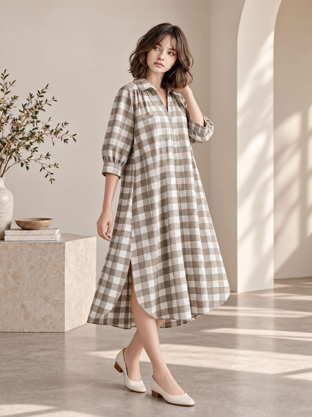 CHECKED RELAXED SHIRT MIDI DRESS