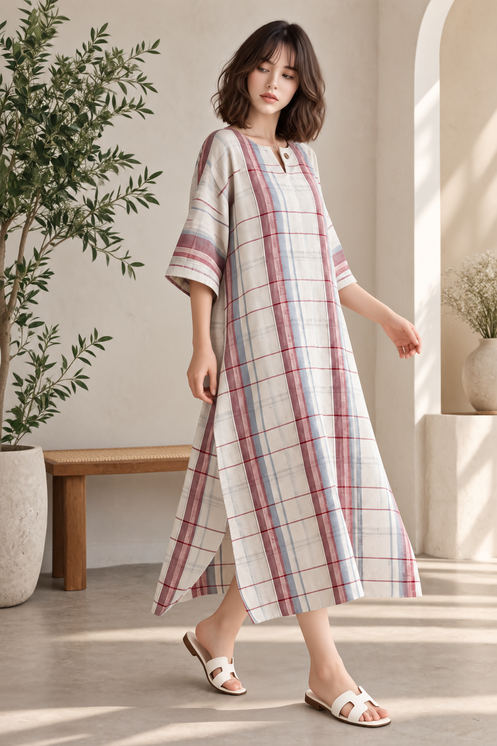 RELAXED CHECKED MAXI DRESS