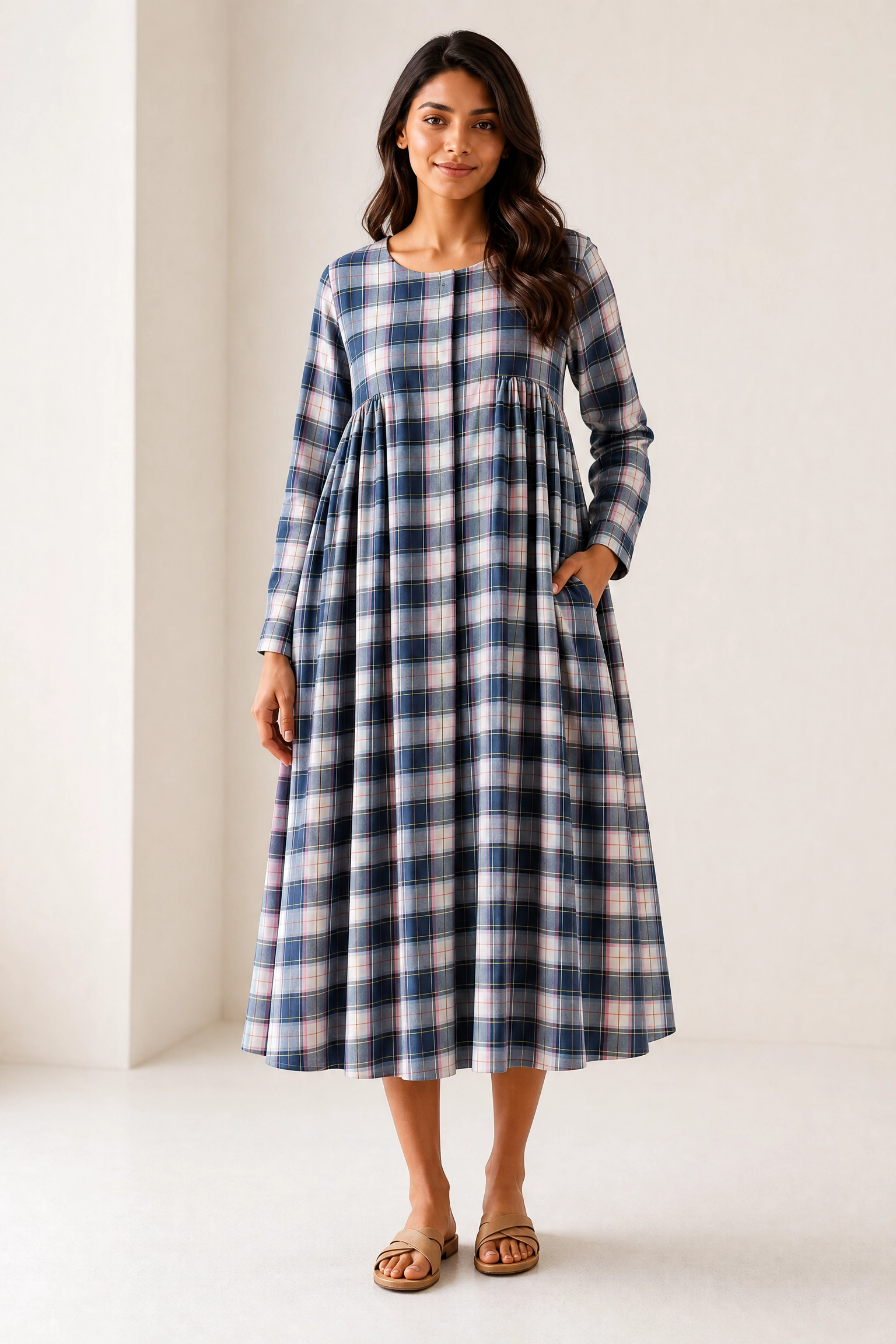SKY PLAID MIDI DRESS
