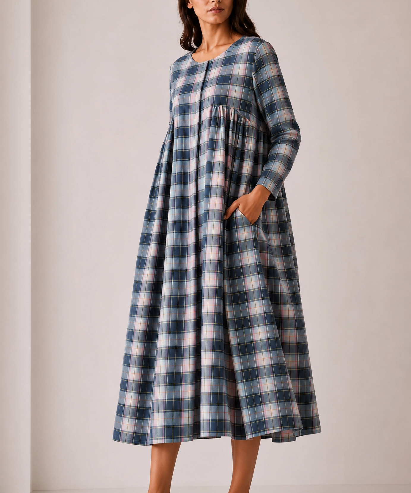 SKY PLAID MIDI DRESS