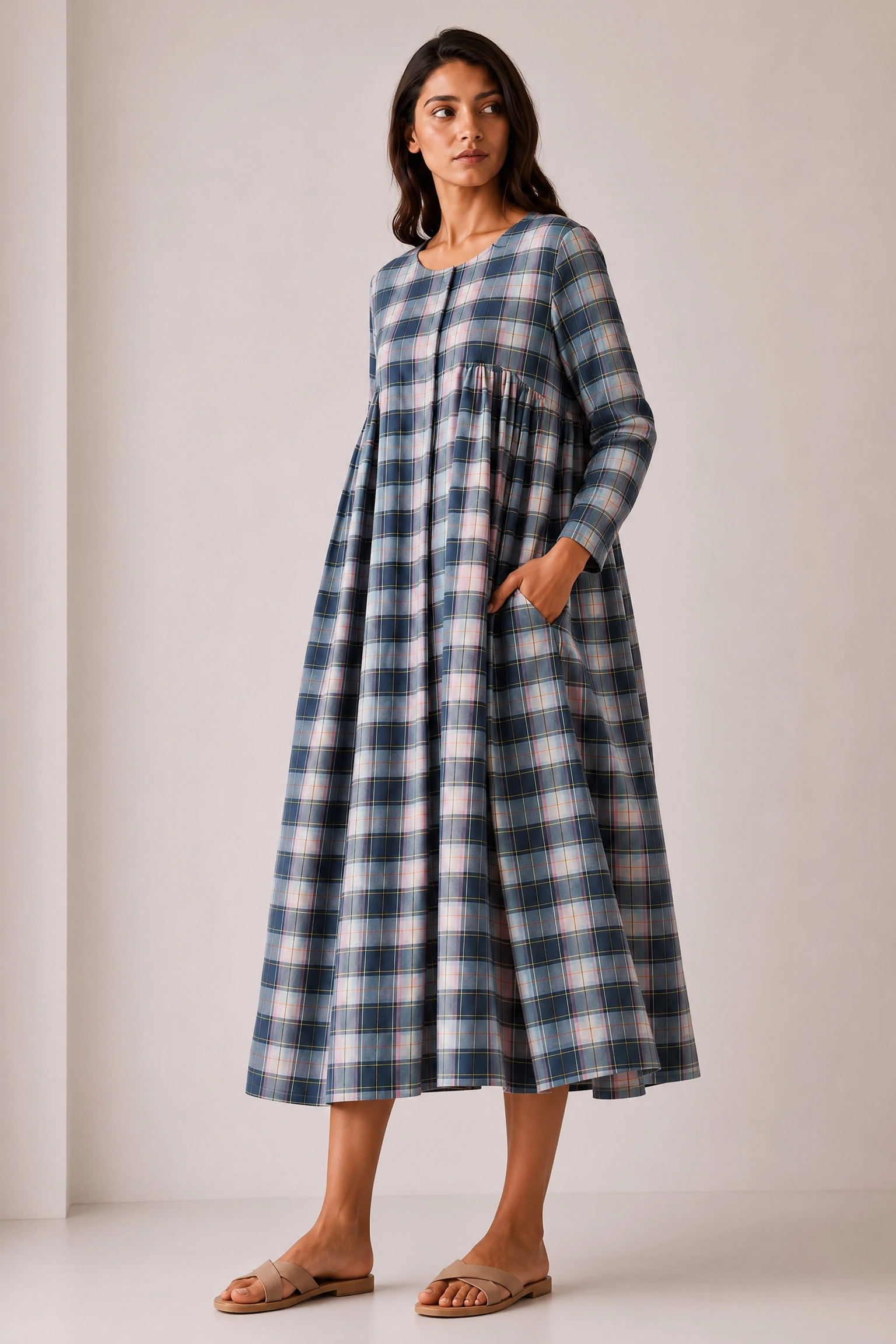 SKY PLAID MIDI DRESS