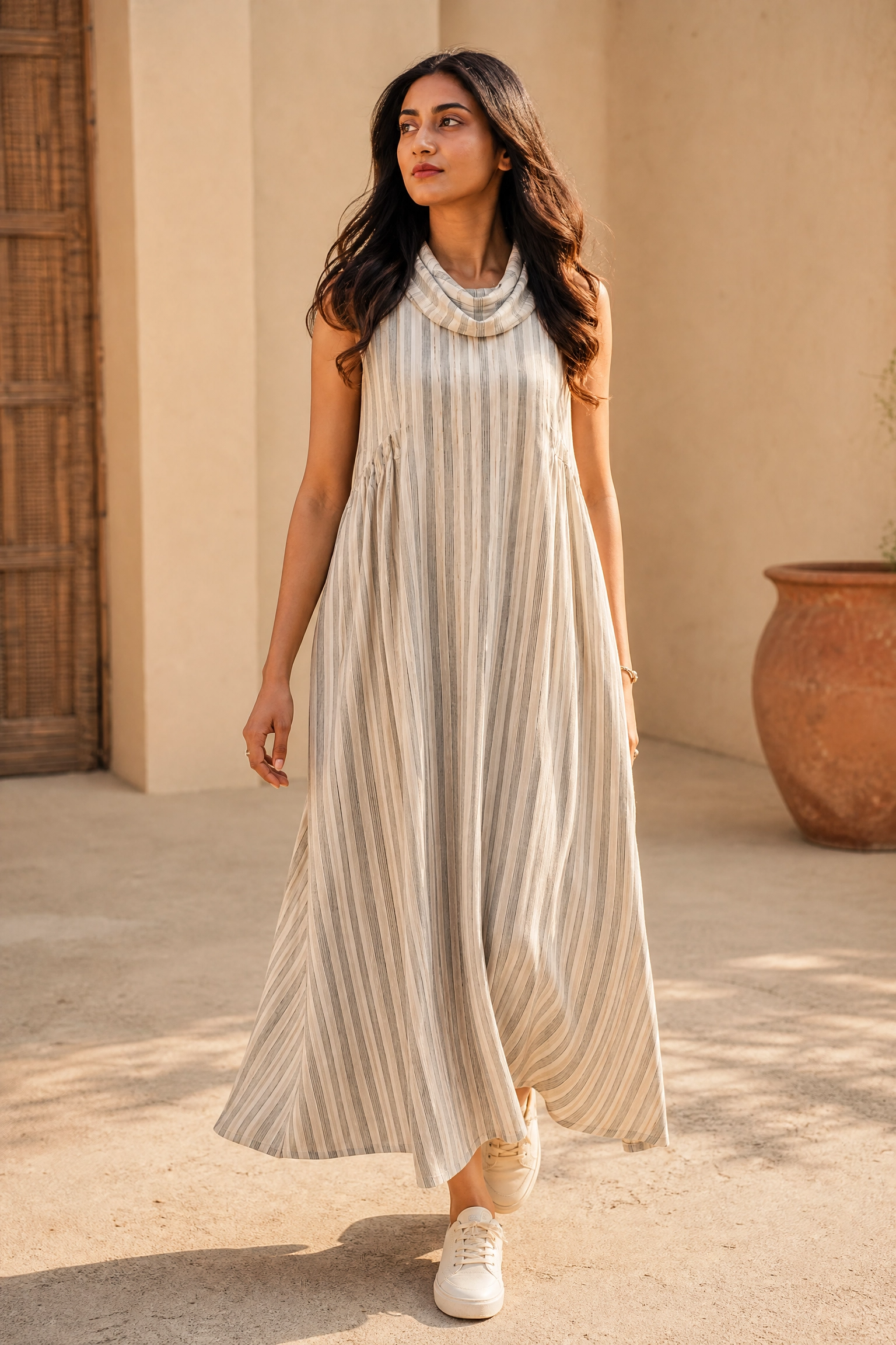 DUNE STRIPE COWL DRESS