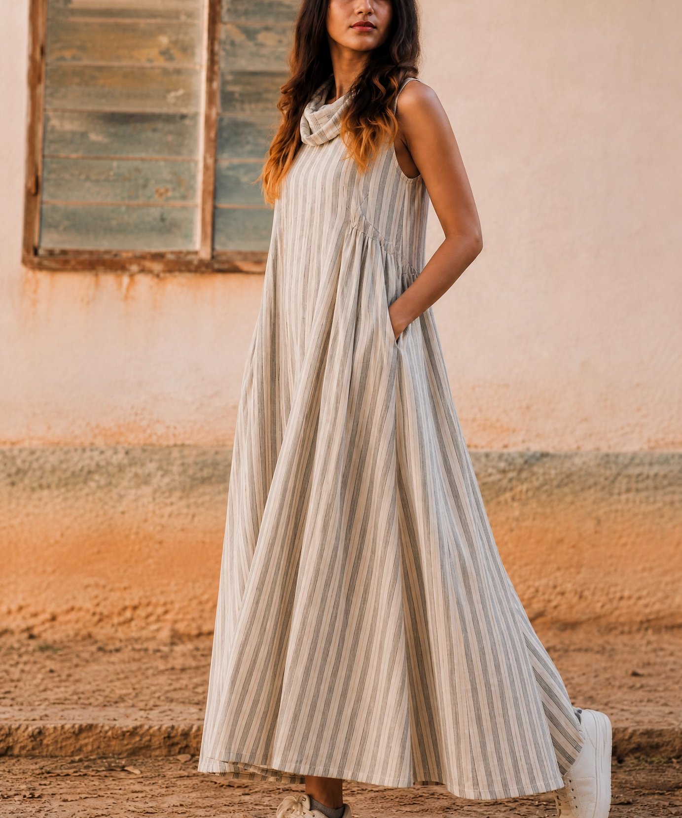 DUNE STRIPE COWL DRESS