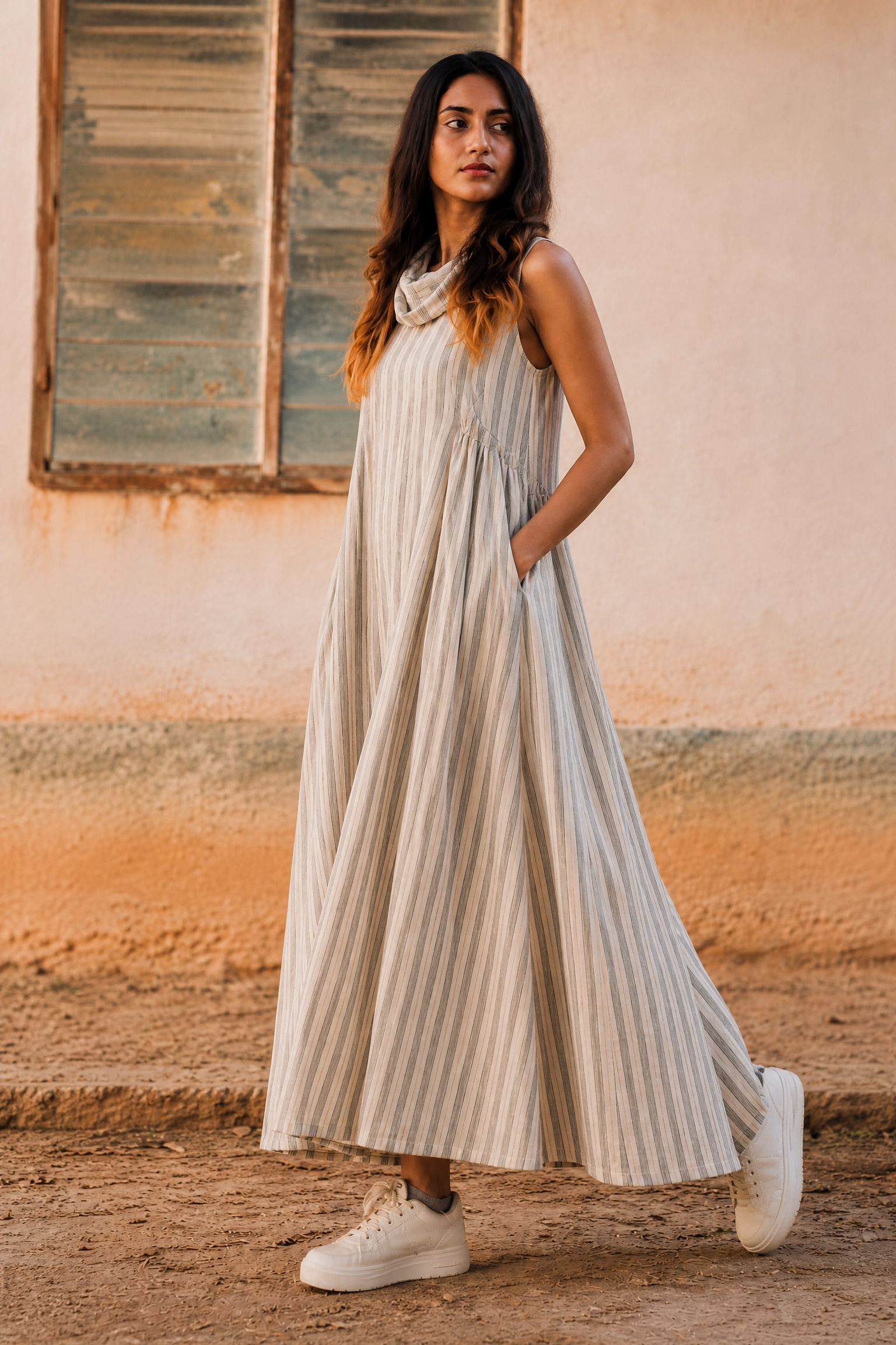 DUNE STRIPE COWL DRESS
