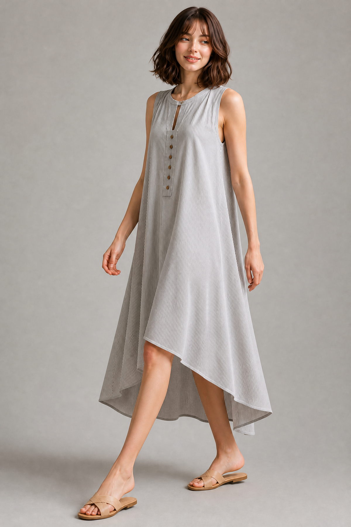 STRIPED PURE COTTON SLEEVELESS DRESS