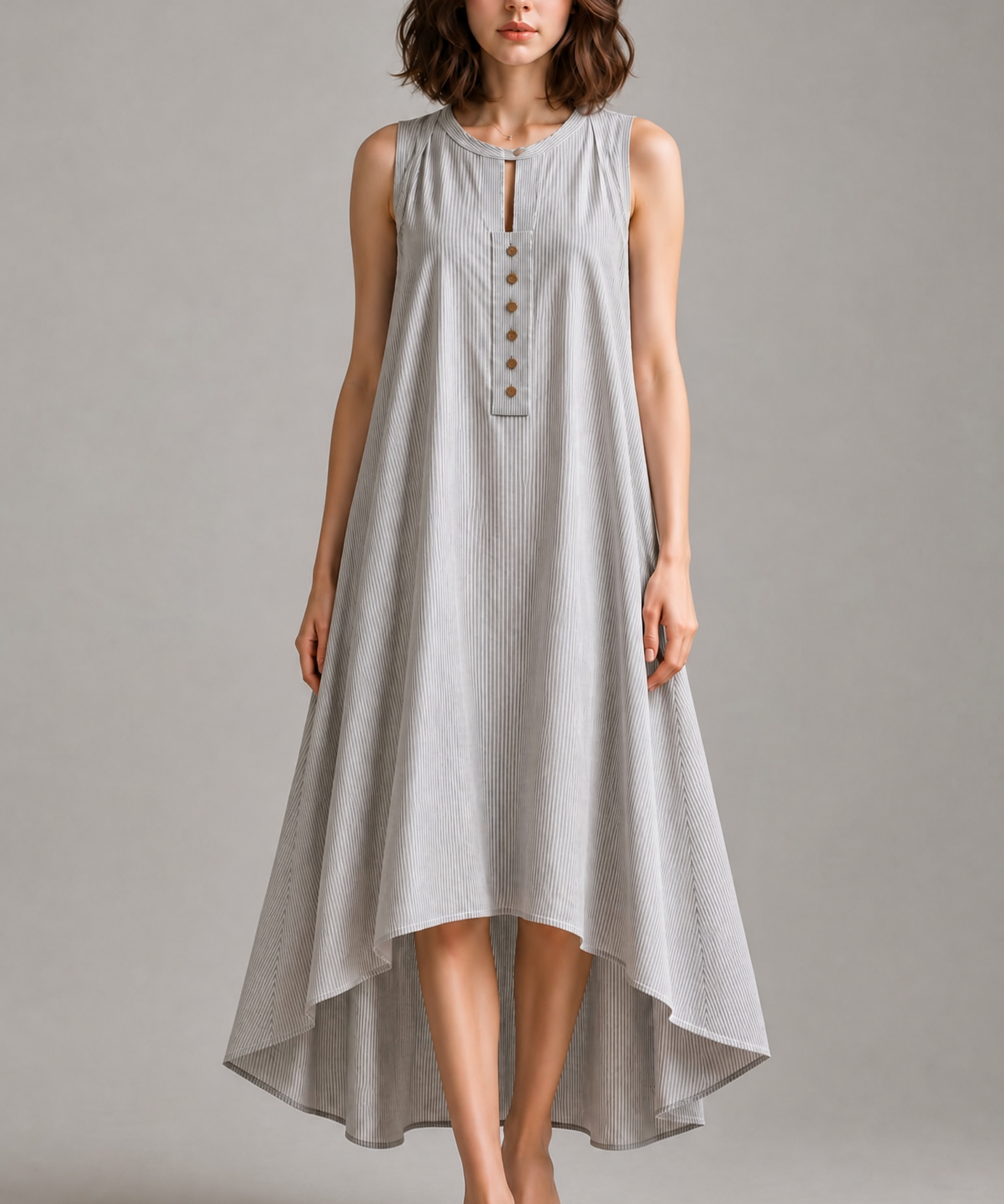 STRIPED PURE COTTON SLEEVELESS DRESS