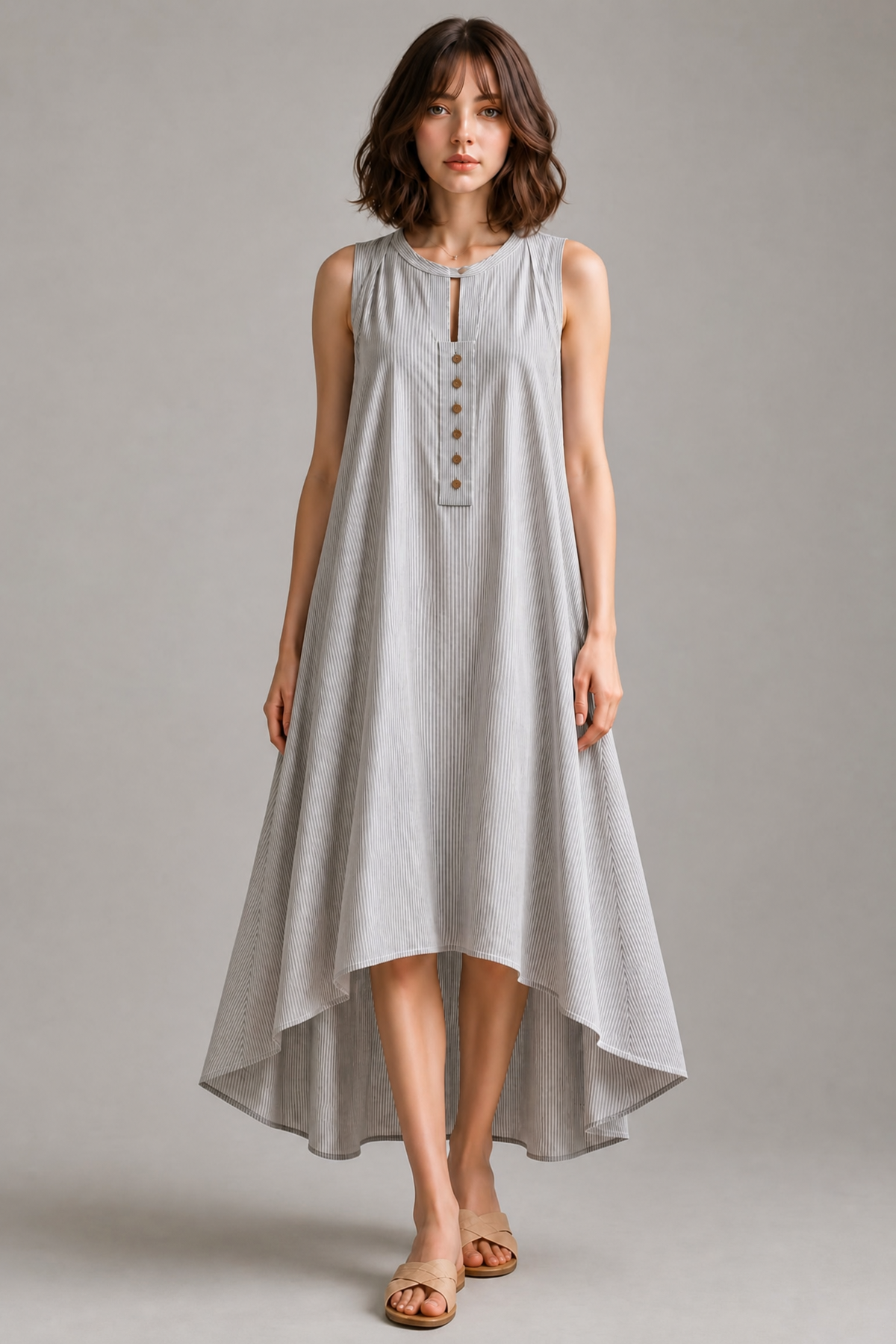 STRIPED PURE COTTON SLEEVELESS DRESS