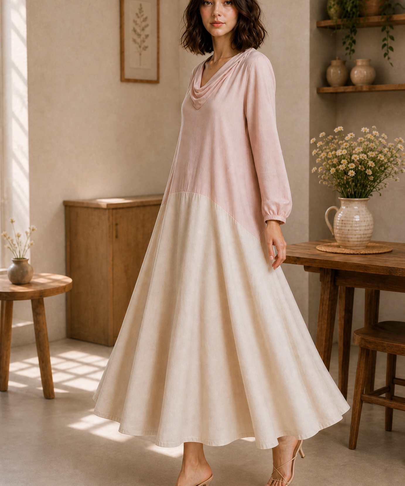 DROOPY NECK COLOR BLOCK DRESS