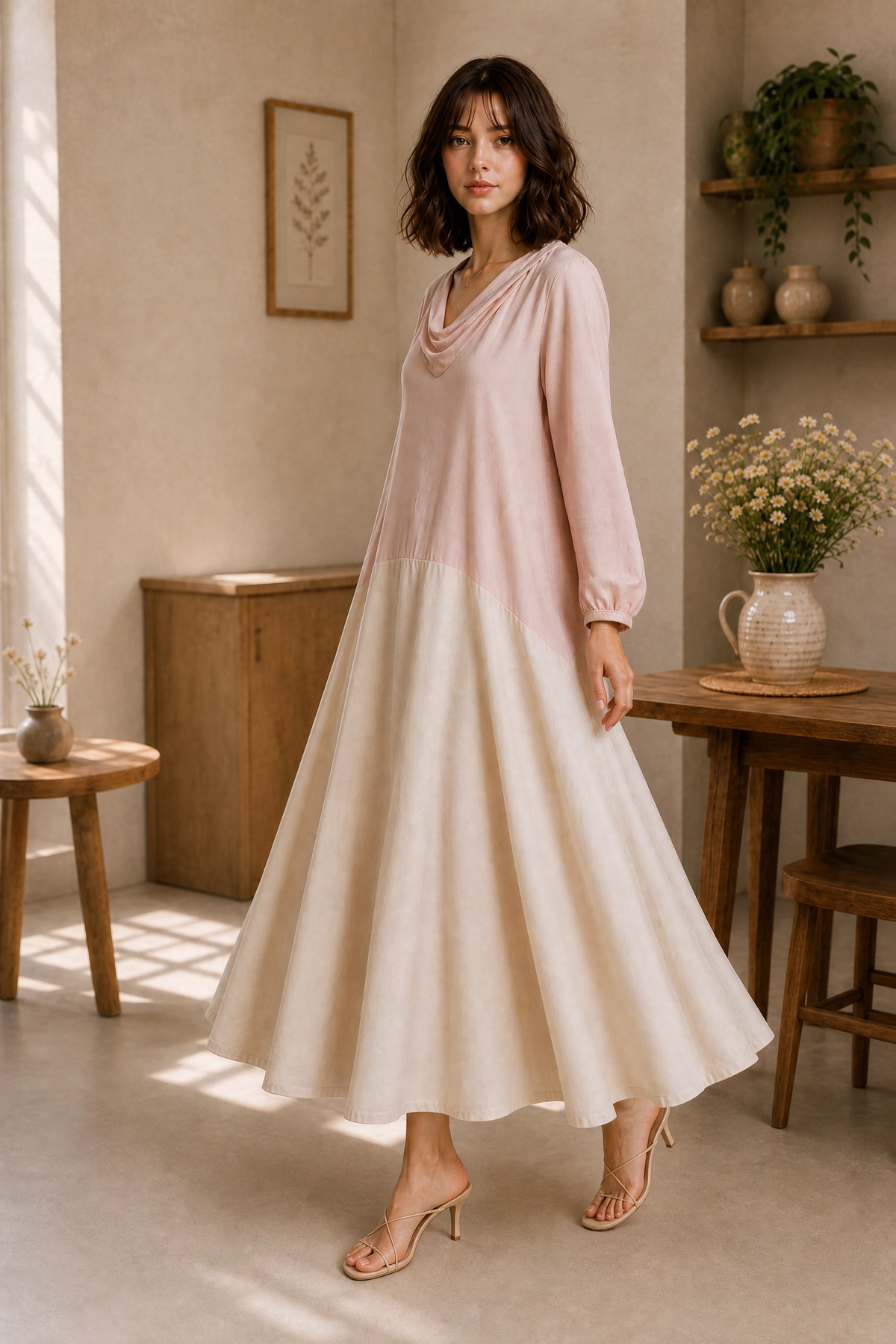 DROOPY NECK COLOR BLOCK DRESS