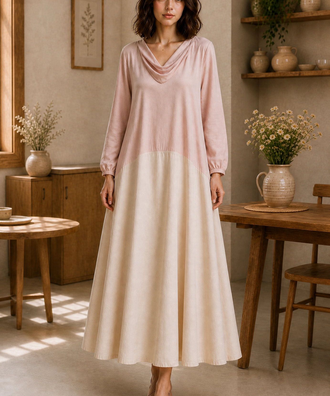 DROOPY NECK COLOR BLOCK DRESS