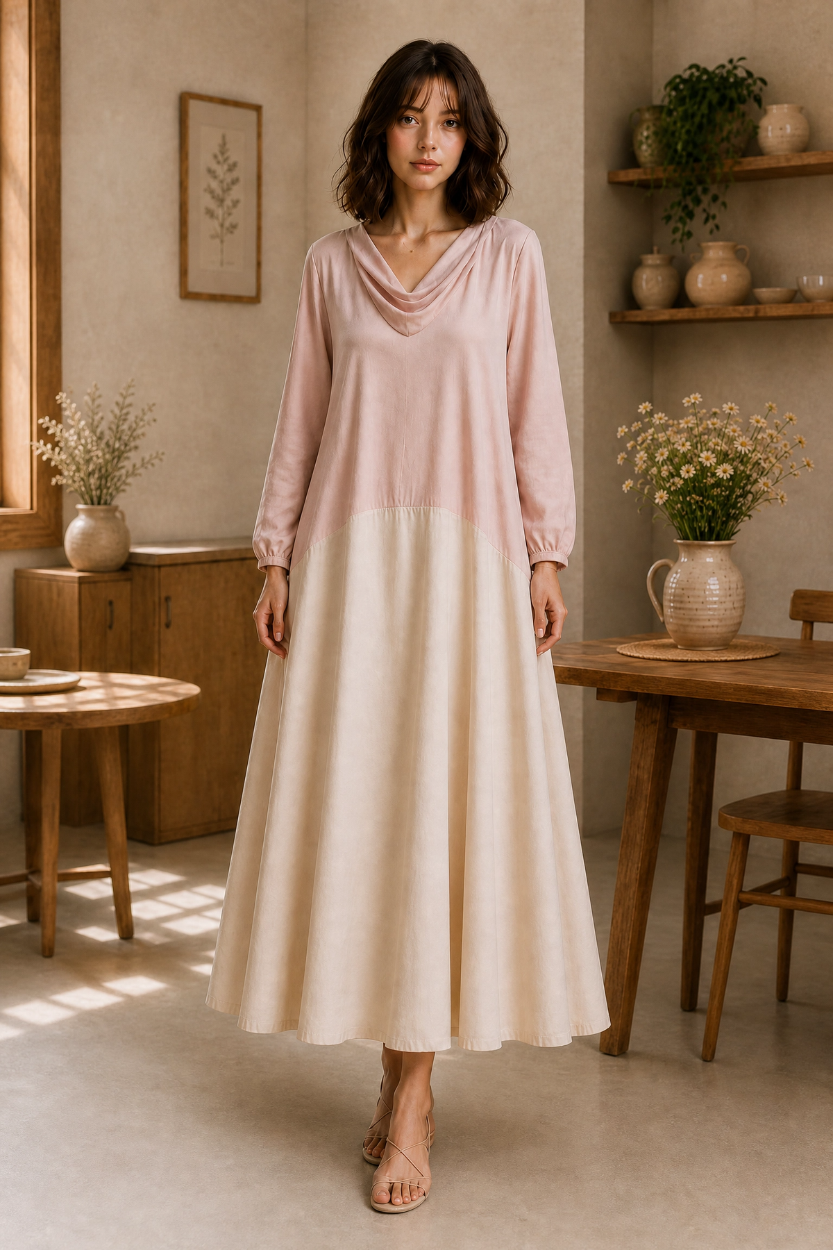 DROOPY NECK COLOR BLOCK DRESS