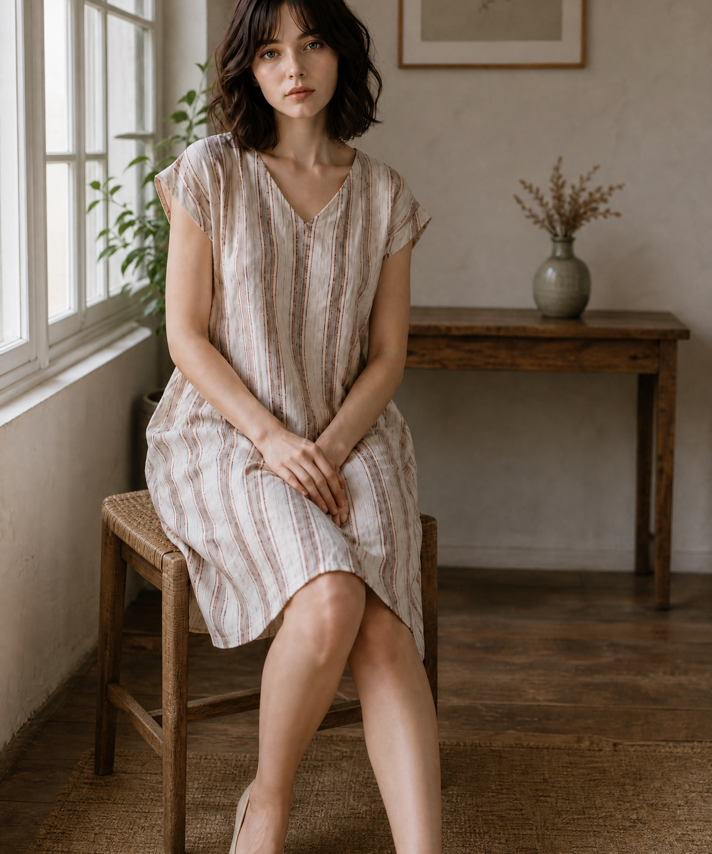 STRIPED LINEN BLEND DRESS