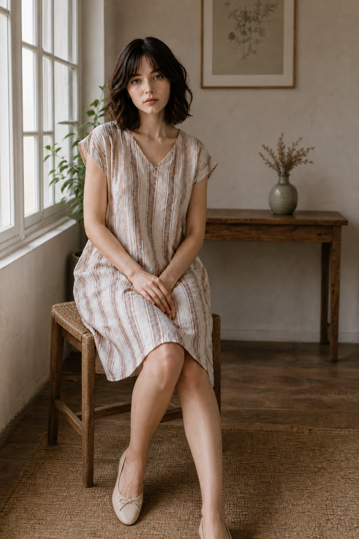 STRIPED LINEN BLEND DRESS