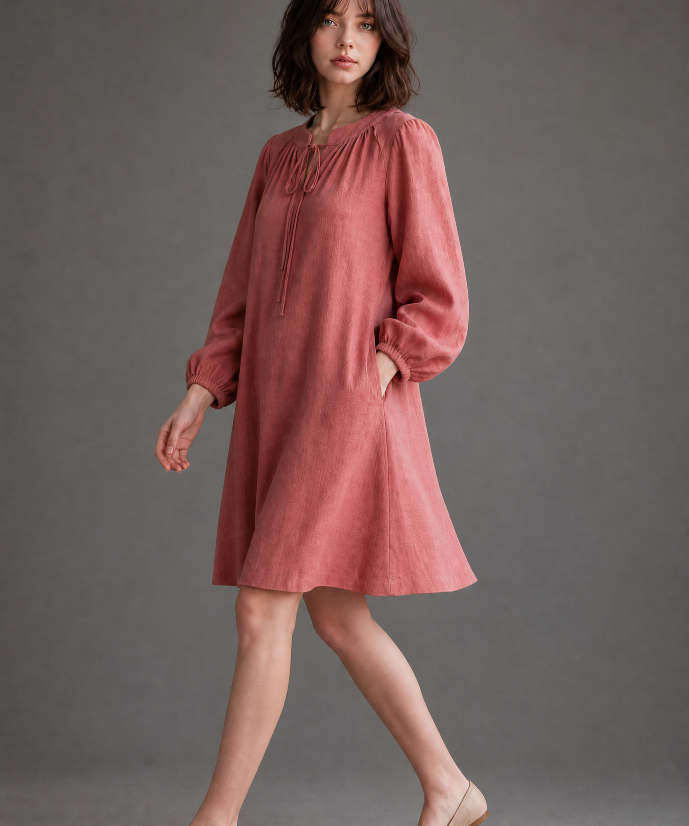 GATHERED TIE-NECK DRESS