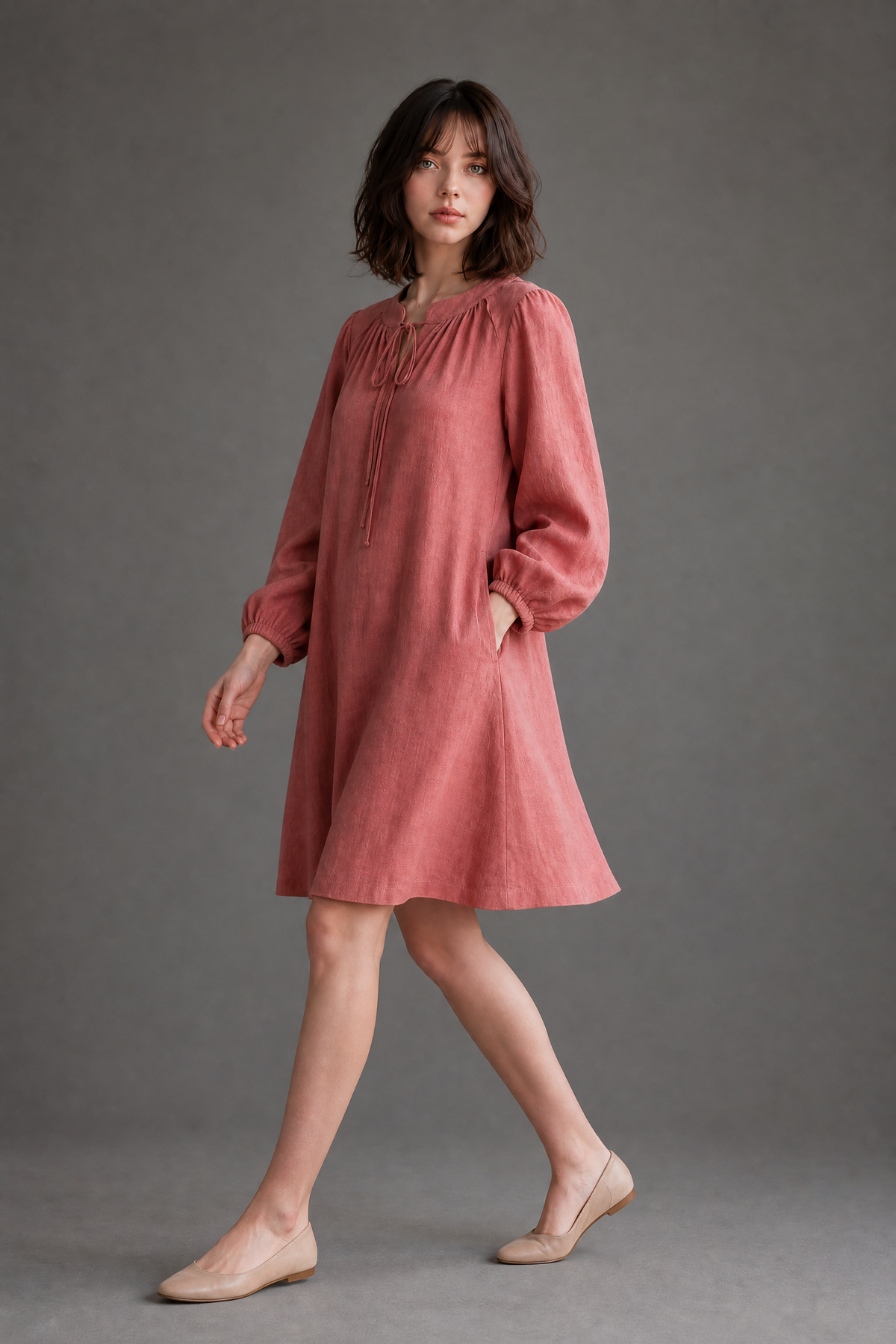 GATHERED TIE-NECK DRESS