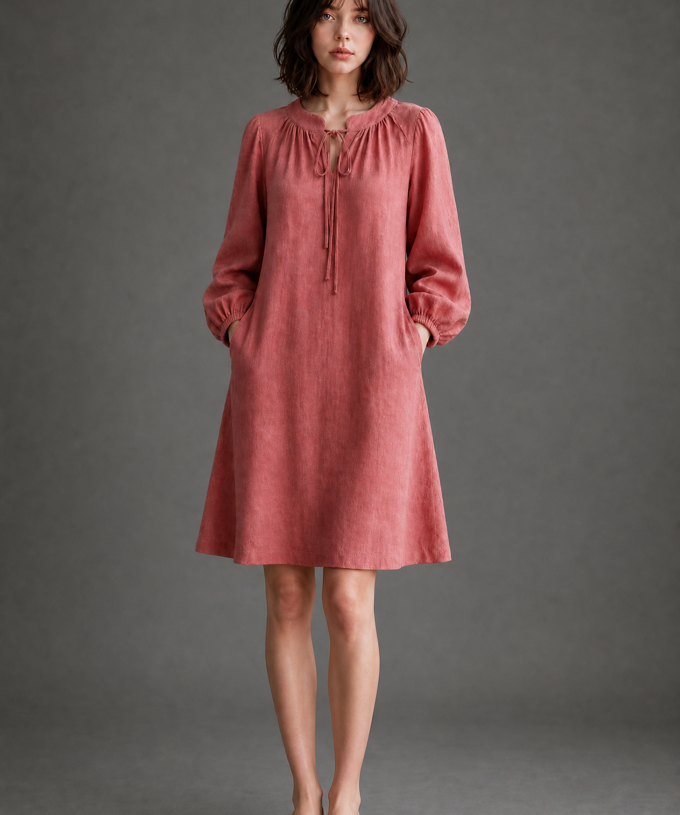 GATHERED TIE-NECK DRESS