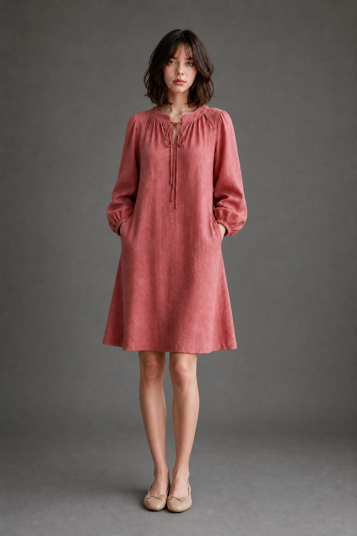 GATHERED TIE-NECK DRESS