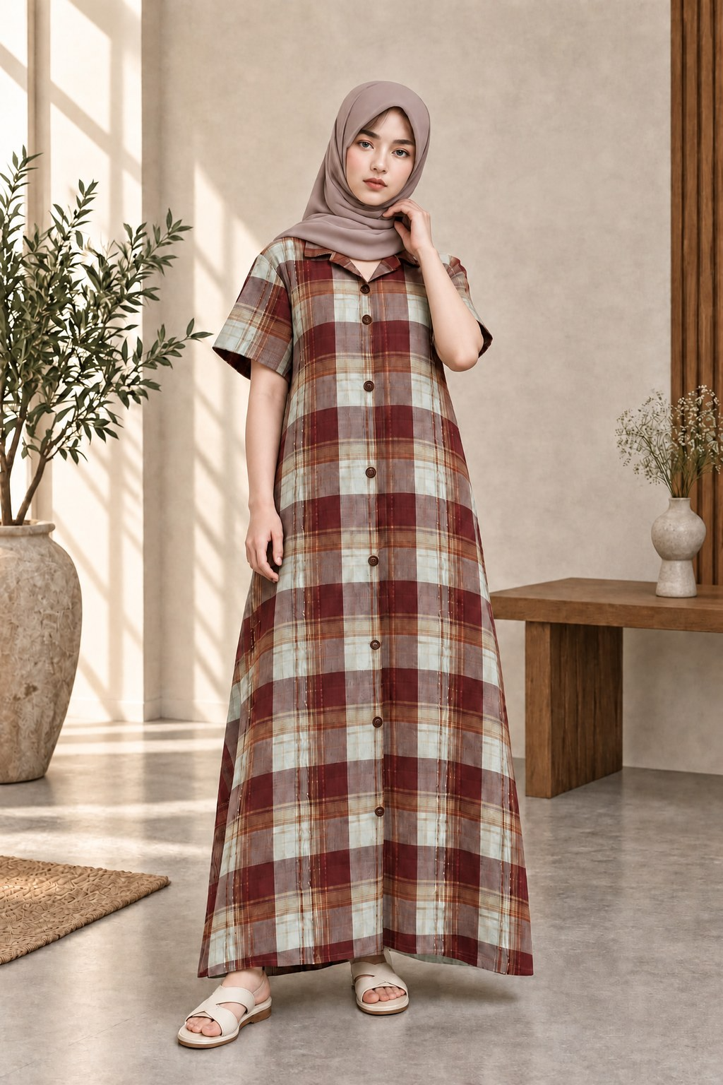 PLAID BUTTON-DOWN A-LINE MAXI DRESS