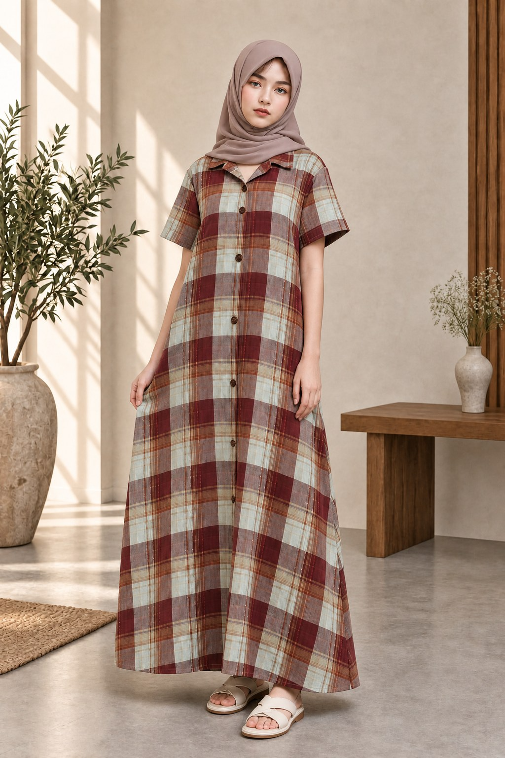 PLAID BUTTON-DOWN A-LINE MAXI DRESS