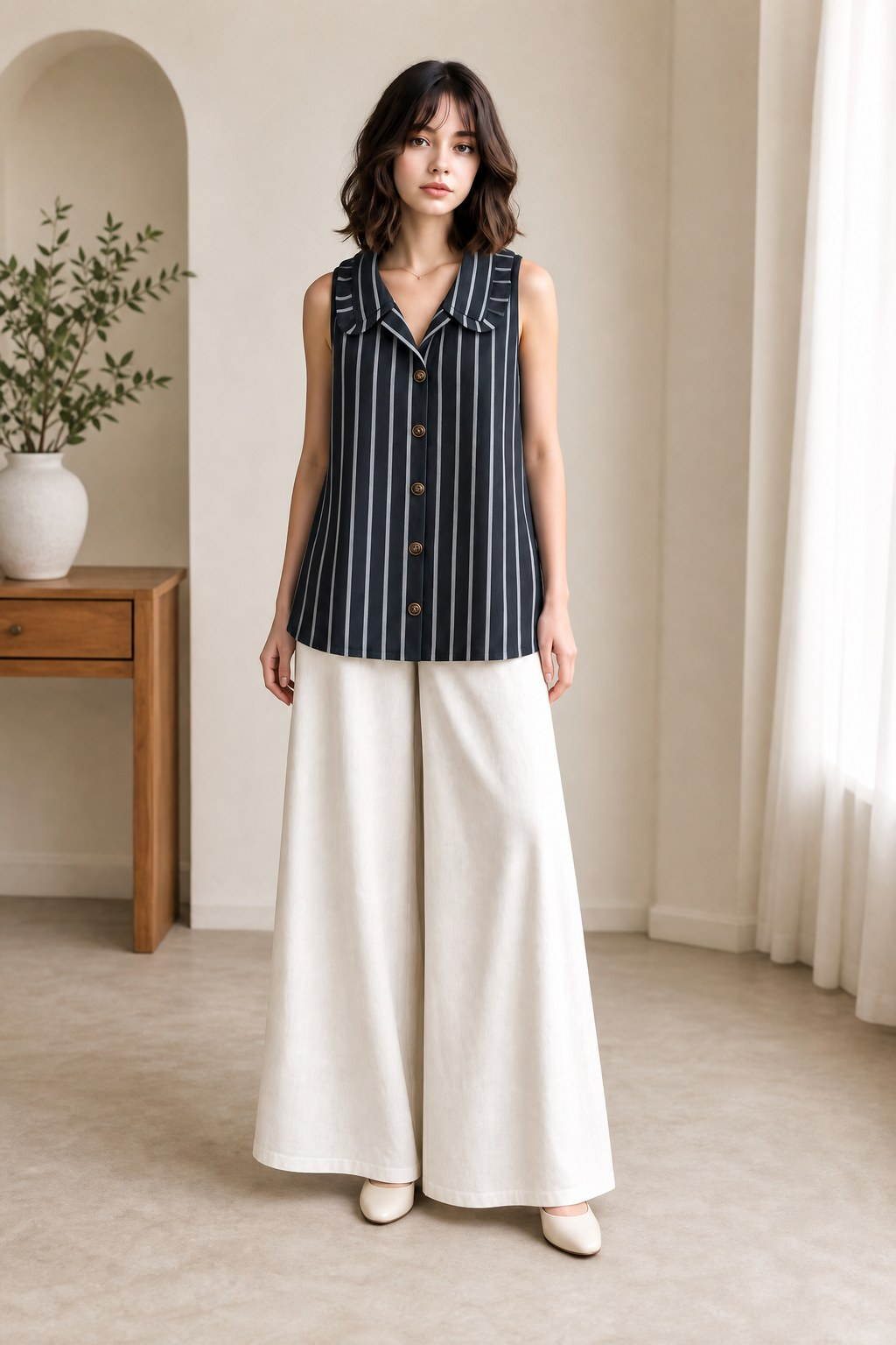 STRIPED SLEEVELESS COLLAR PALAZZO CO-ORD SET