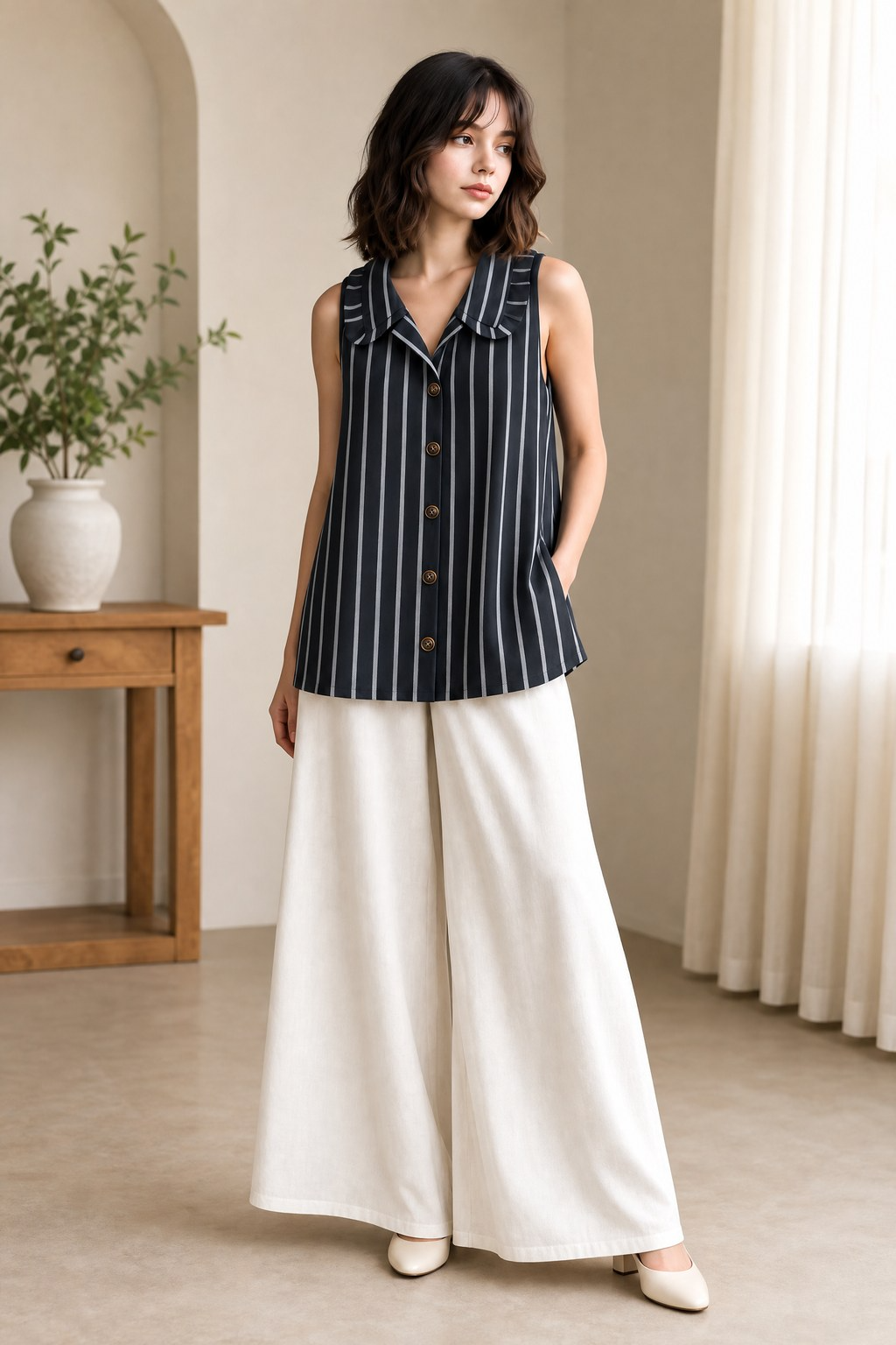 STRIPED SLEEVELESS COLLAR PALAZZO CO-ORD SET