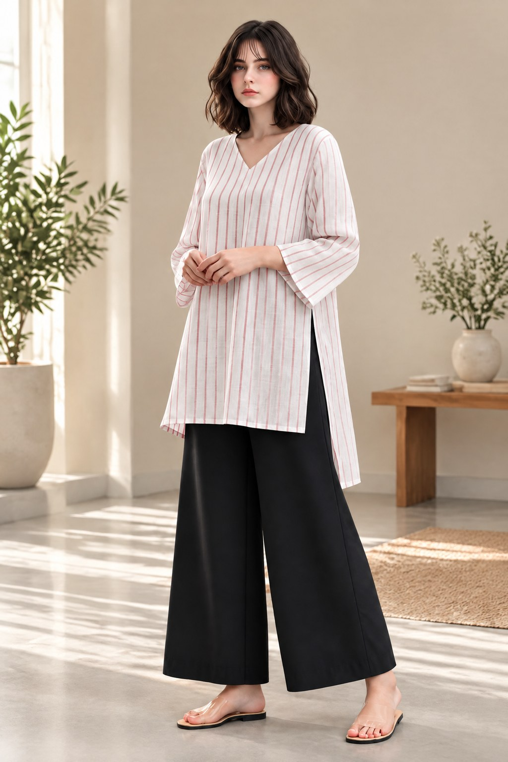 STRIPED V-NECK TUNIC PALAZZO CO-ORD SET