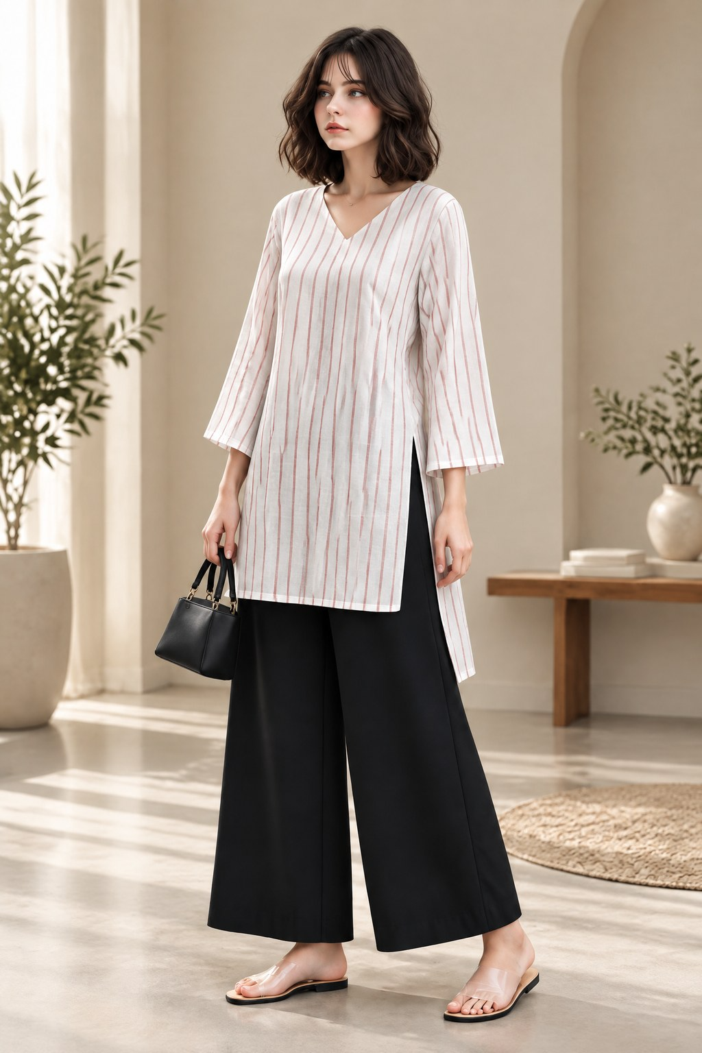 STRIPED V-NECK TUNIC PALAZZO CO-ORD SET