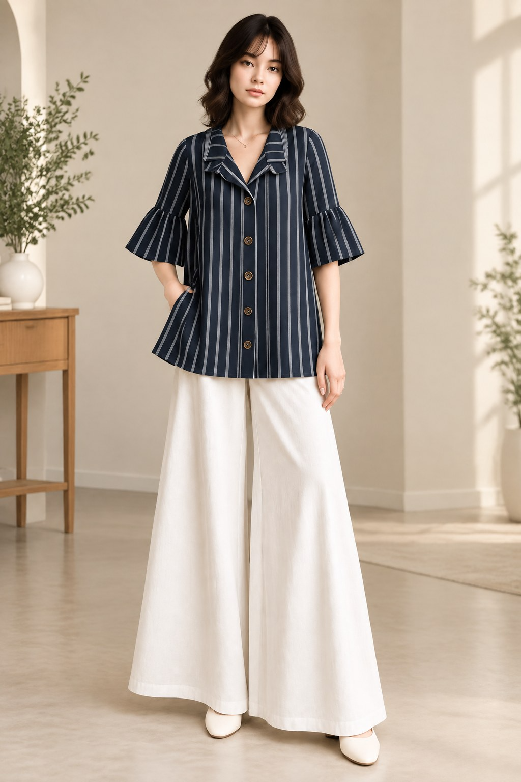 STRIPED RUFFLE COLLAR PALAZZO CO-ORD SET