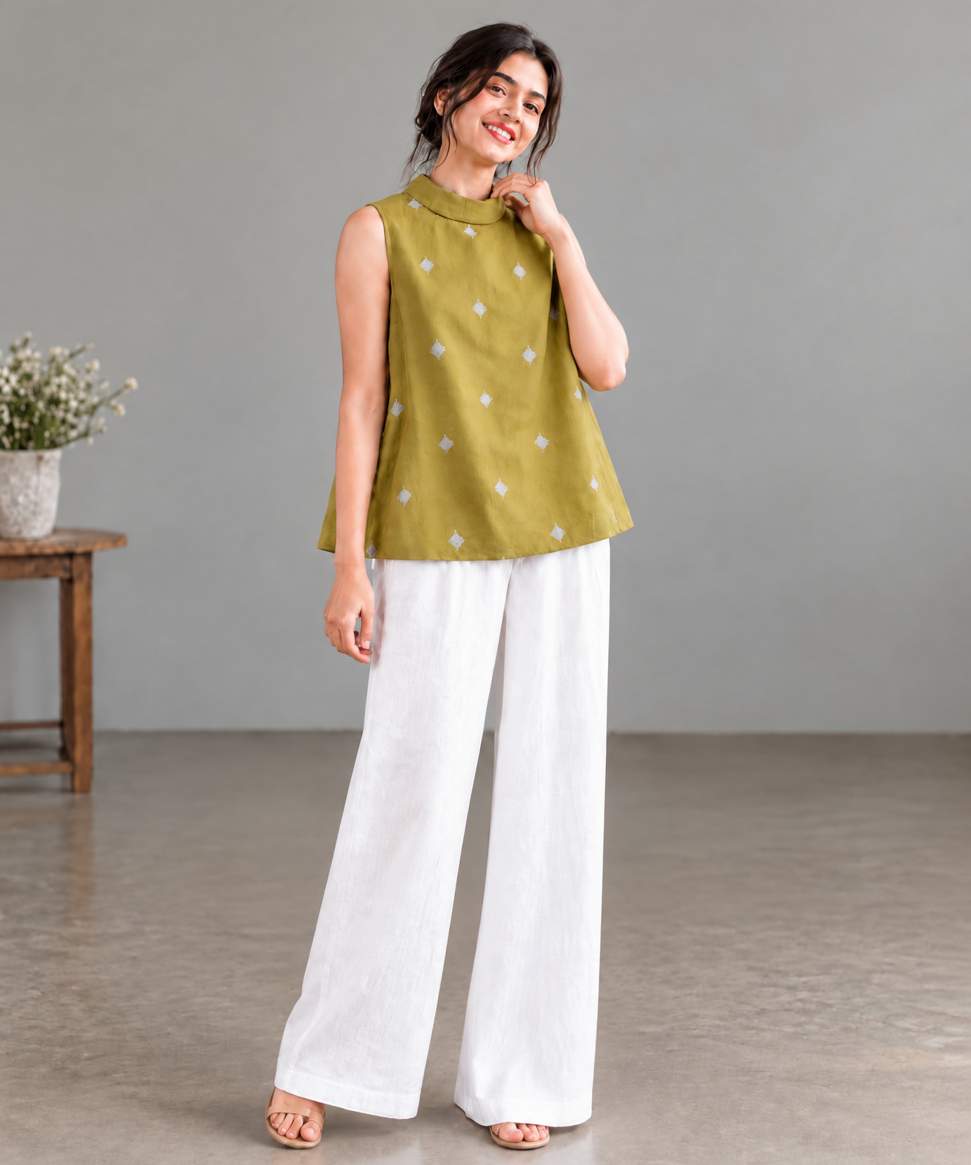 MUSTARD MOTIF SLEEVELESS PALAZZO CO-ORD SET