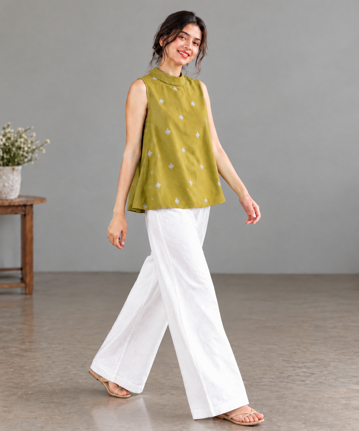 MUSTARD MOTIF SLEEVELESS PALAZZO CO-ORD SET