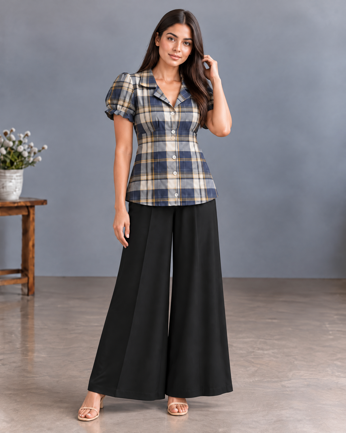 PLAID PUFF SLEEVE PALAZZO CO-ORD SET