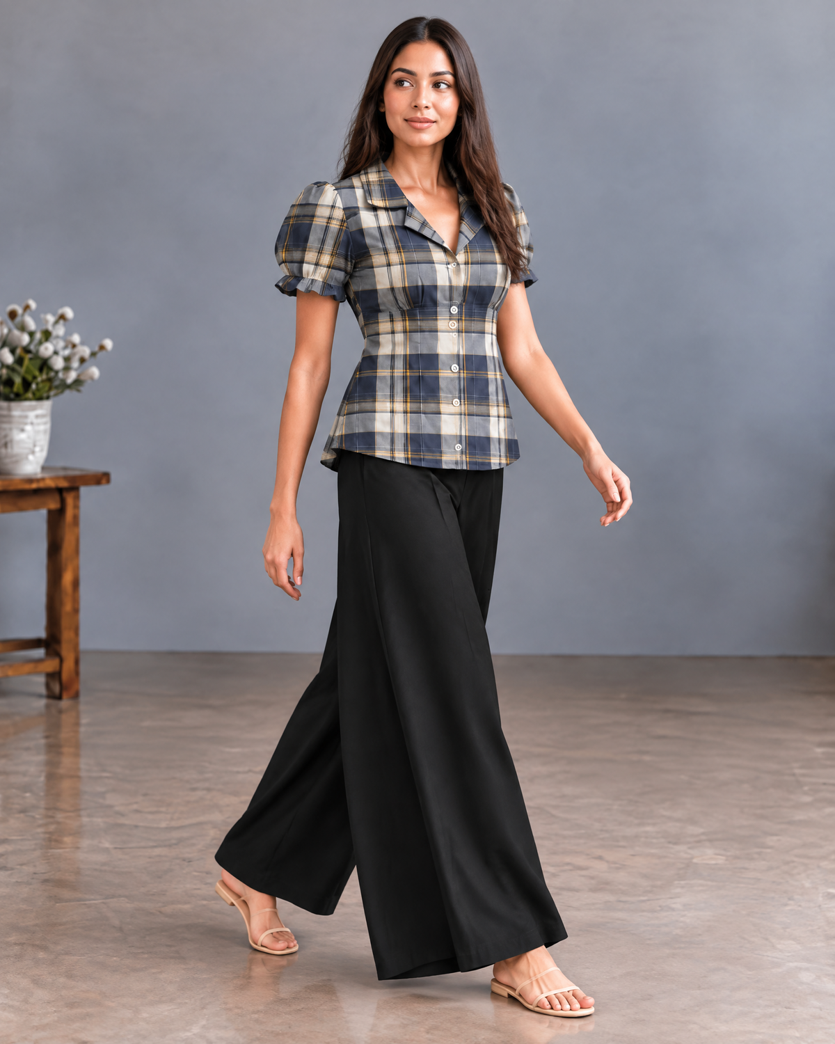 PLAID PUFF SLEEVE PALAZZO CO-ORD SET
