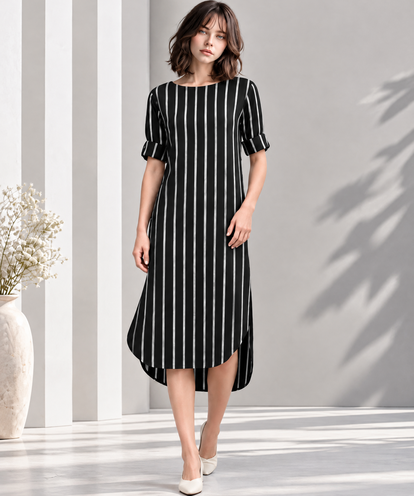 VERTICAL STRIPE HIGH-LOW MIDI DRESS