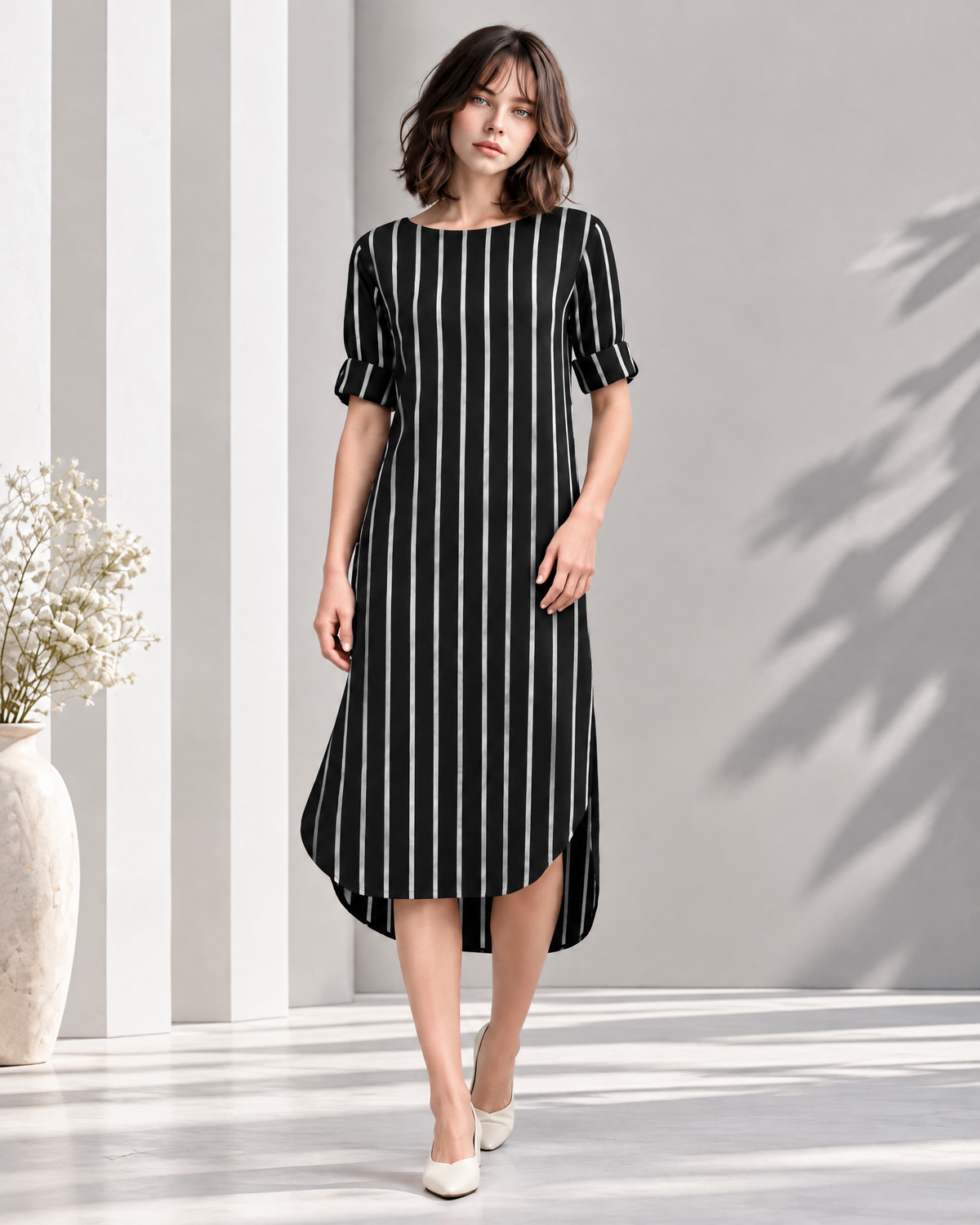 VERTICAL STRIPE HIGH-LOW MIDI DRESS