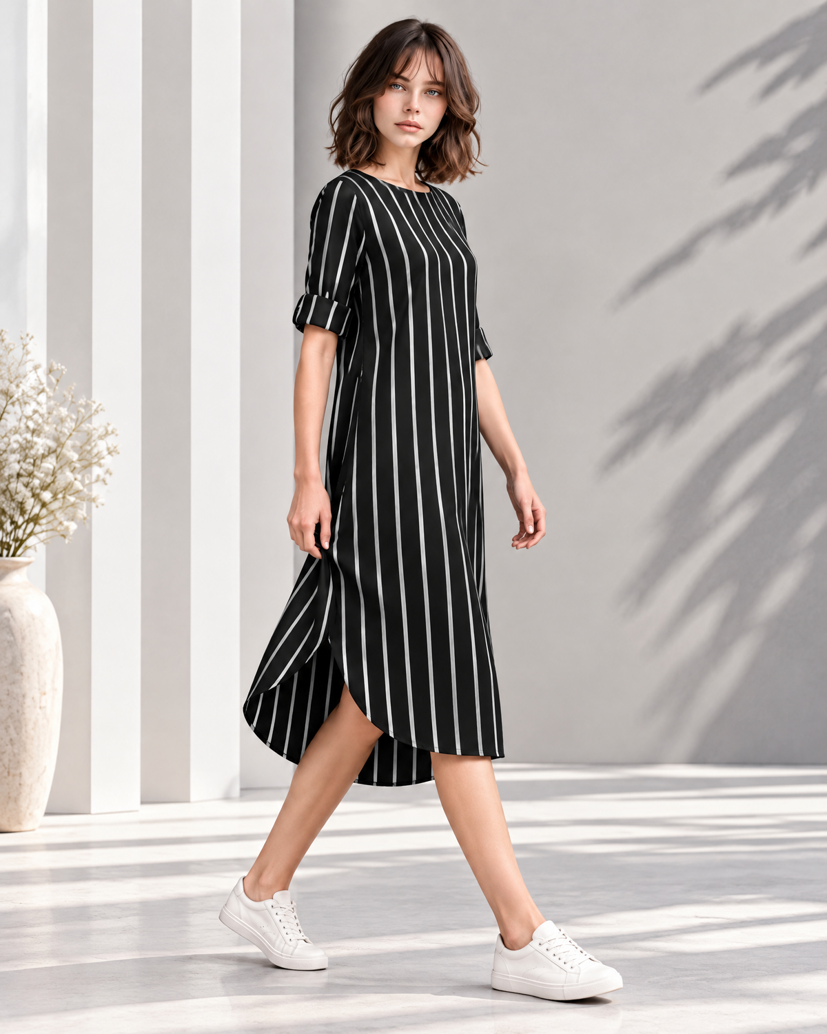 VERTICAL STRIPE HIGH-LOW MIDI DRESS
