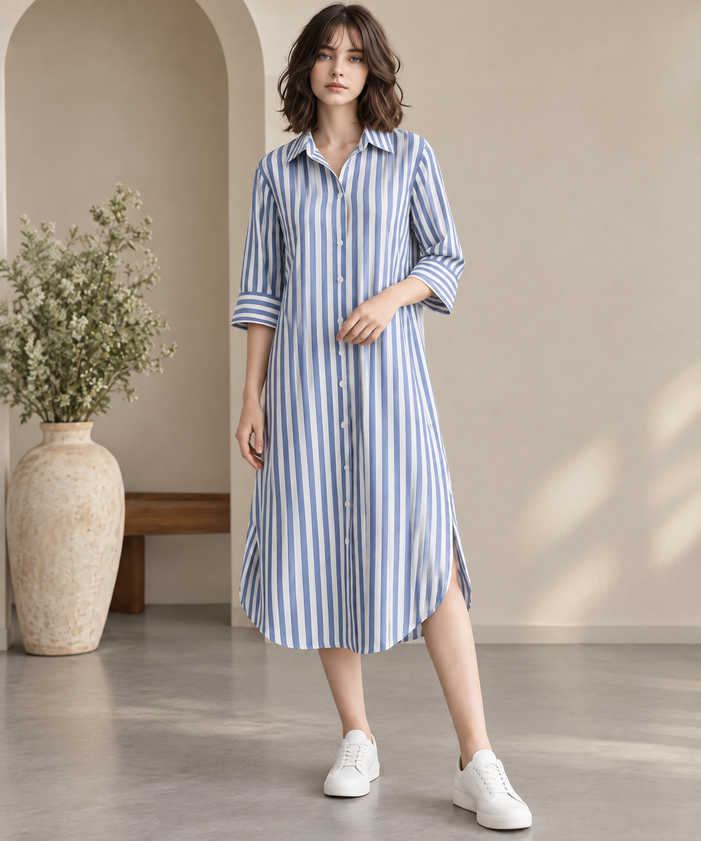 BLUE STRIPE BUTTON-DOWN MIDI SHIRT DRESS