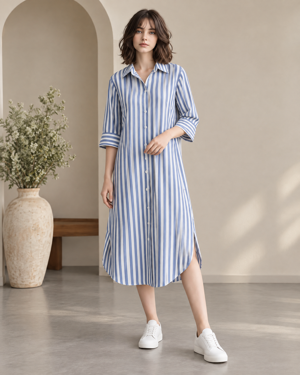 BLUE STRIPE BUTTON-DOWN MIDI SHIRT DRESS