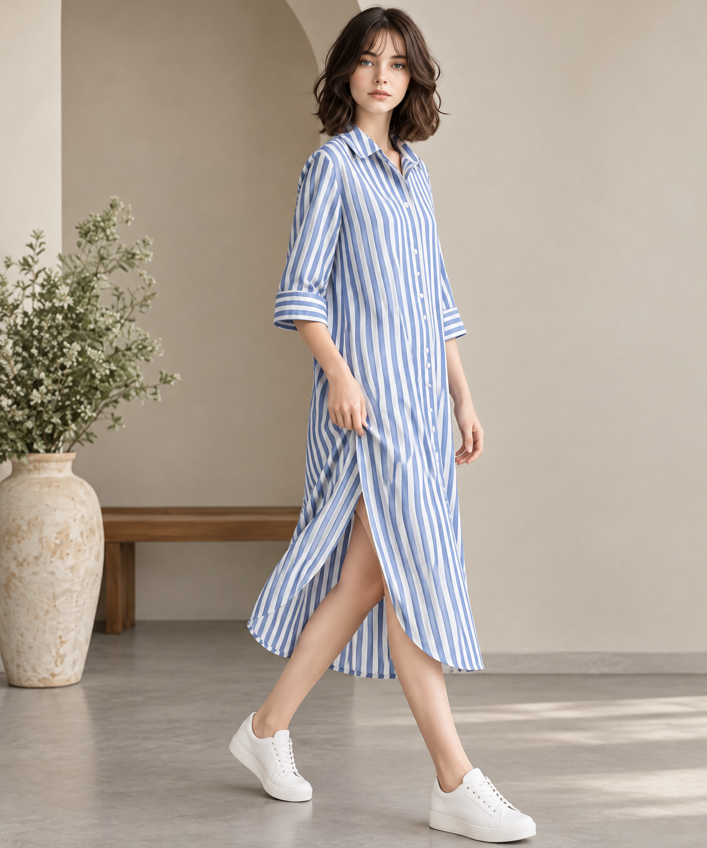 BLUE STRIPE BUTTON-DOWN MIDI SHIRT DRESS