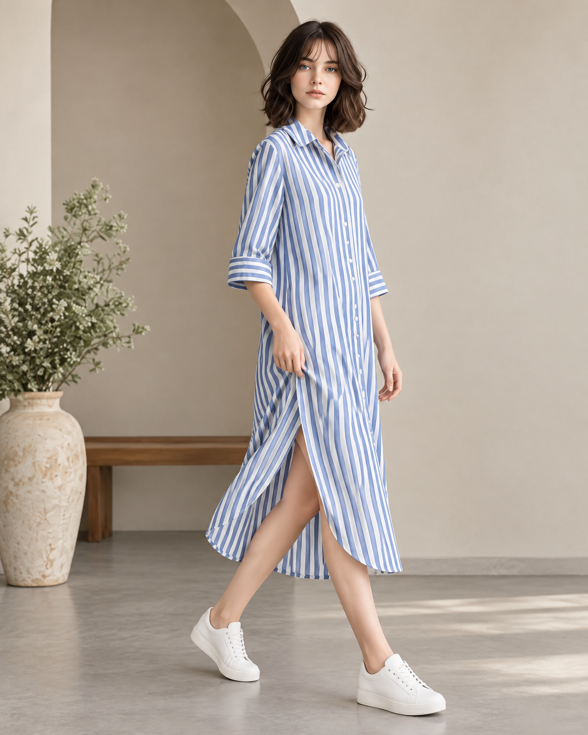 BLUE STRIPE BUTTON-DOWN MIDI SHIRT DRESS