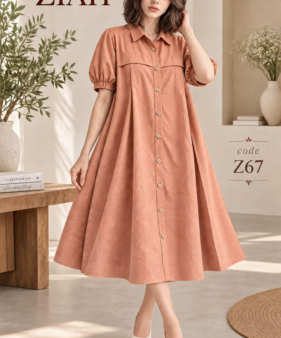 BUTTON-DOWN A-LINE MIDI SHIRT DRESS