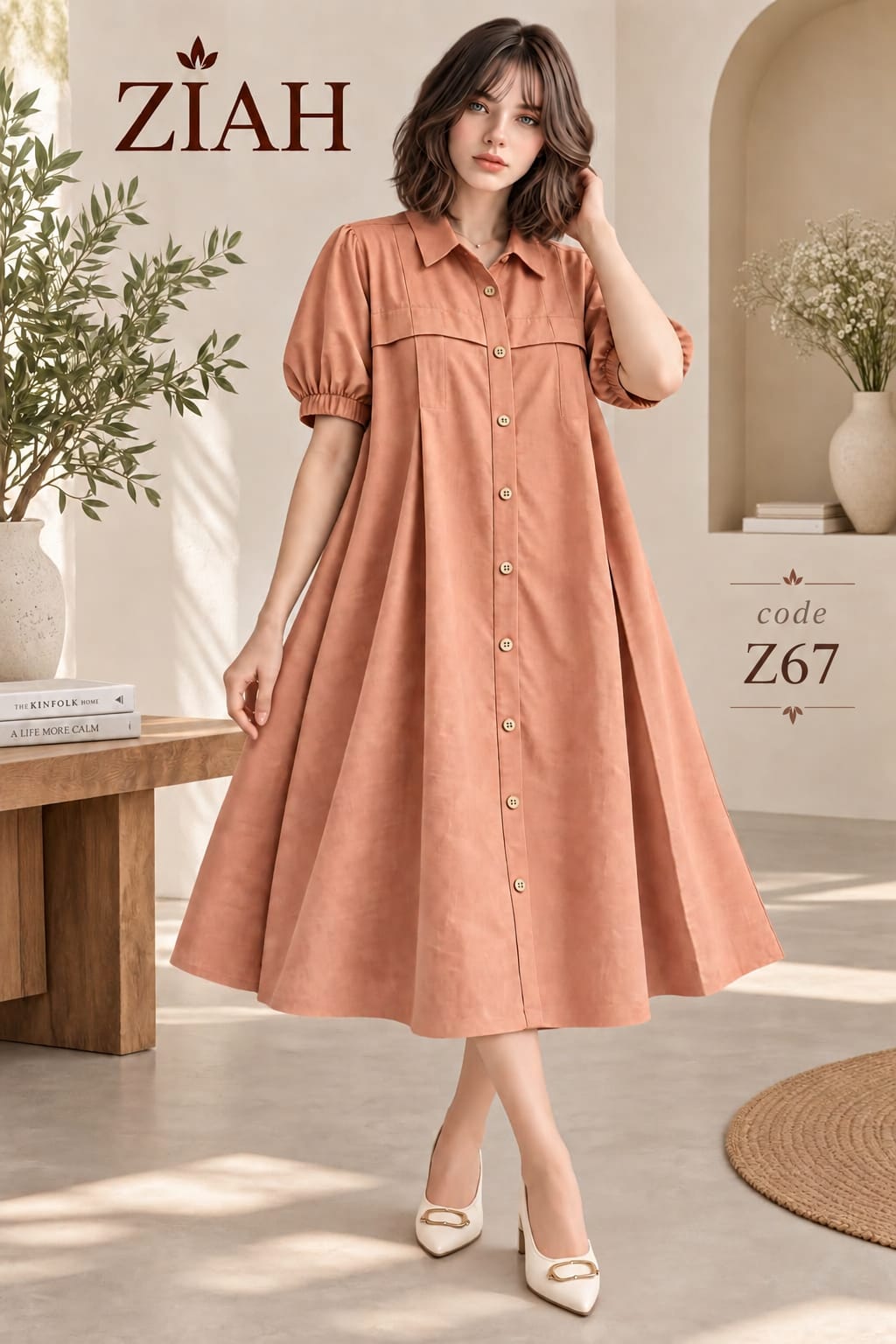 BUTTON-DOWN A-LINE MIDI SHIRT DRESS