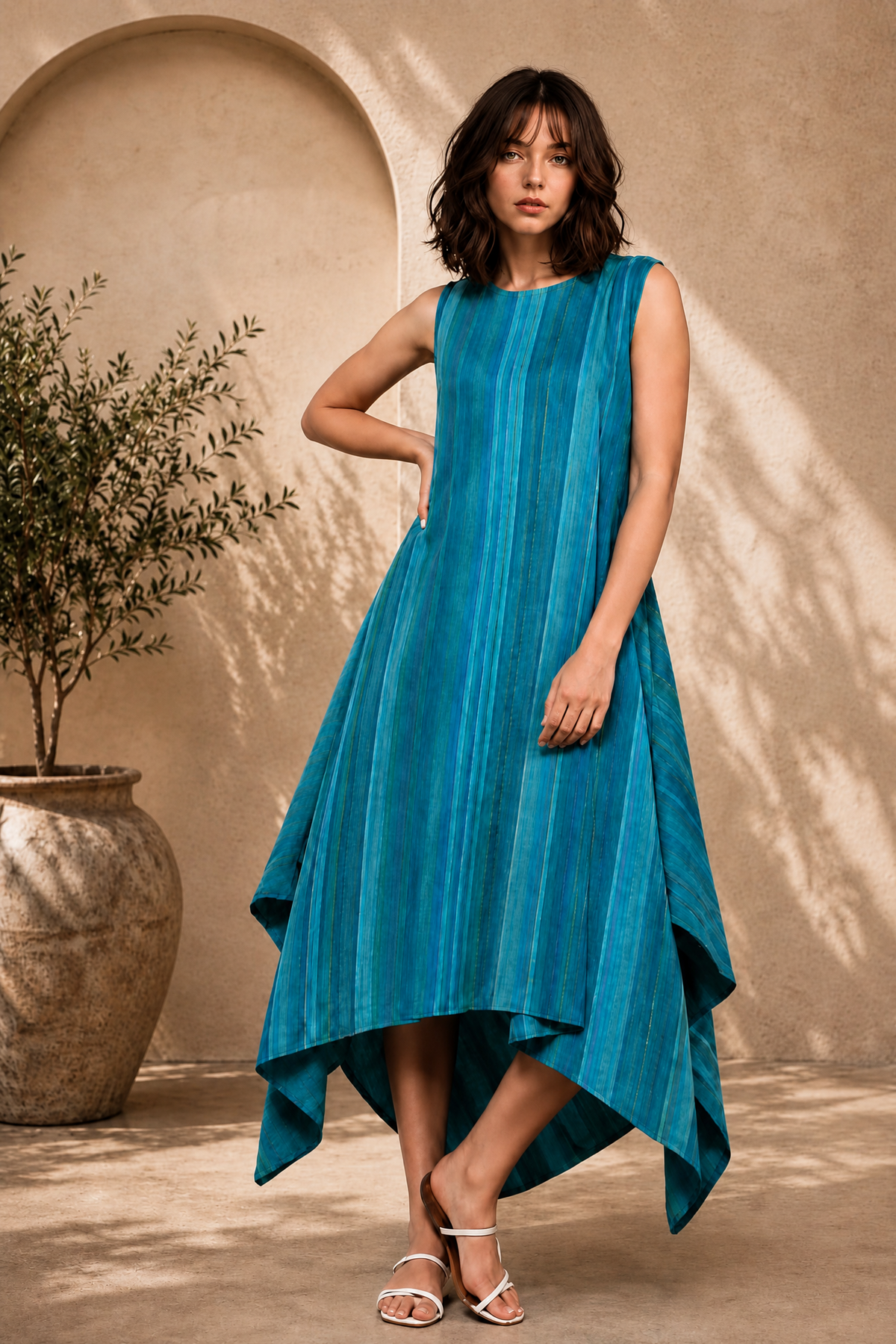 TEAL STRIPED SLEEVELESS ASYMMETRIC KURTI