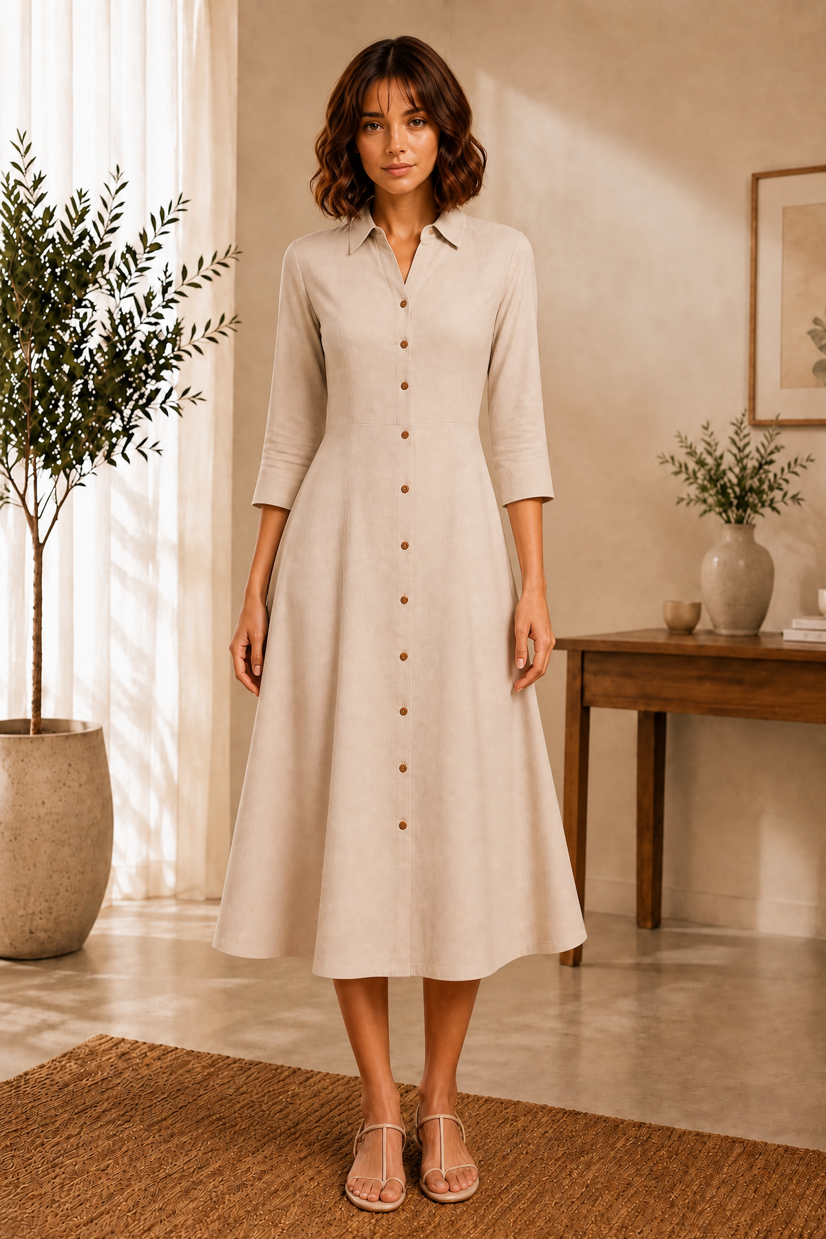 CREAM BUTTON-FRONT FRONT FLARED KURTI